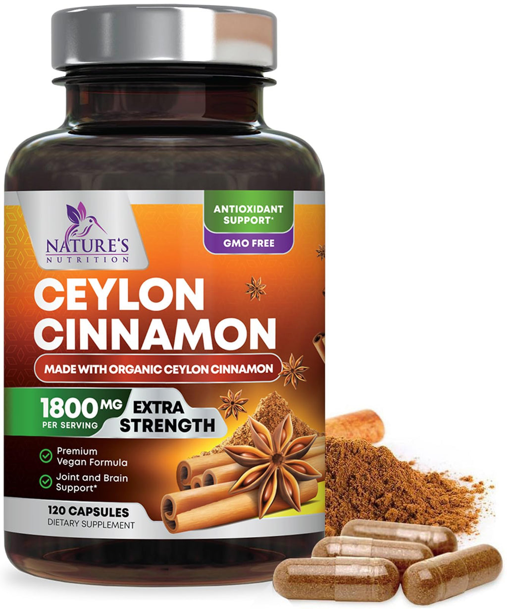 Organic Ceylon Cinnamon Supplement 1800mg Per Serving - Extra Strength Certified Organic Ceylon Cinnamon Powder Pills - Energy & Heart Support Antioxidant for Women & Men, Bottled USA - 120 Capsules