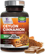 Organic Ceylon Cinnamon Supplement 1800mg Per Serving - Extra Strength Certified Organic Ceylon Cinnamon Powder Pills - Energy & Heart Support Antioxidant for Women & Men, Bottled USA - 120 Capsules