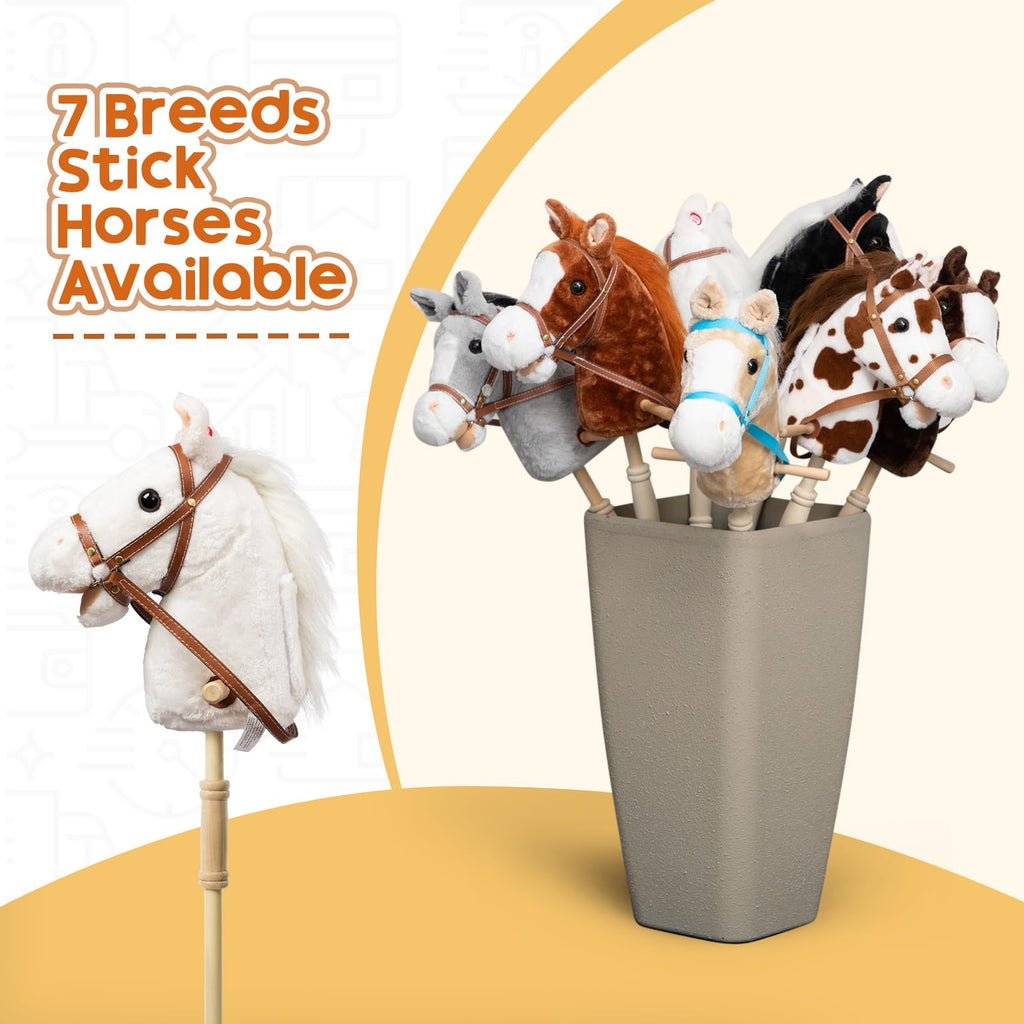 HollyHOME Stick Horse Plush Handcrafted Hobby Horse on a Stick with Wood Wheels Real Pony Neighing and Galloping Sounds for Kids Toddlers White 36 Inches(AA Batteries Required)