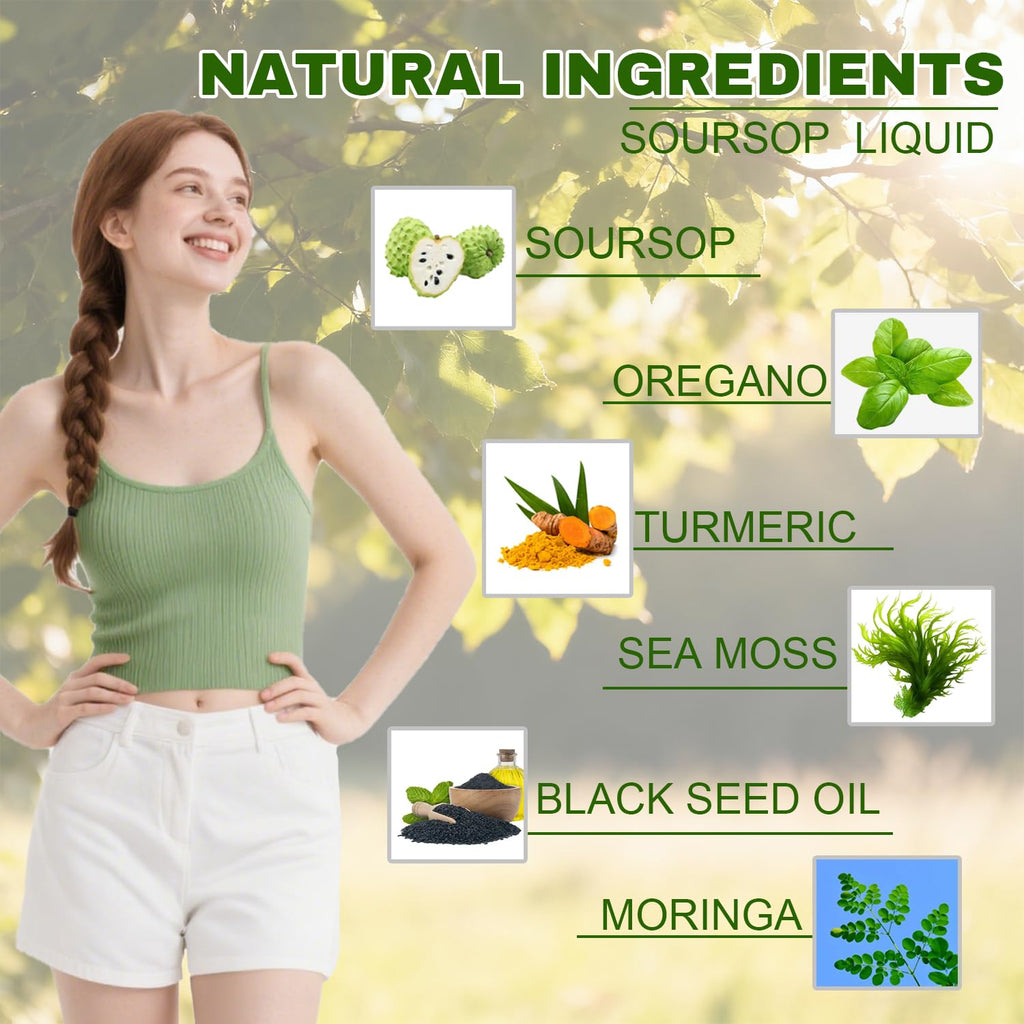 Qizfyzz Soursop Bitters Liquid Drops, Liquid Drops Soursop Bitters 10 in 1 with Sea Moss, Moringa, Turmeric, Black Seed Oil, Oregano, Ashwagandha, Herbal Extracts for Overall Health (1pc)