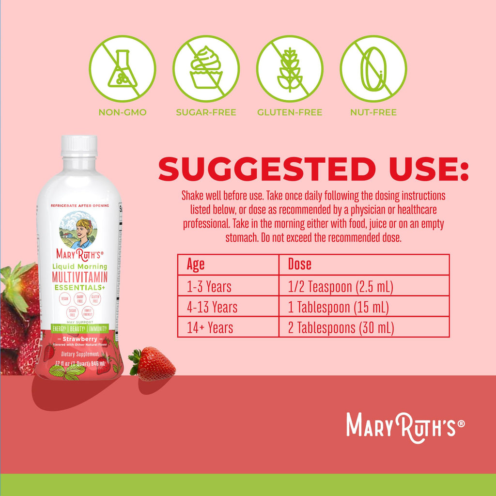 MaryRuth's Liquid Morning Multivitamin Essentials+ | Vitamin A C D E B6 B12 K2 Biotin Zinc | Mens Womens Multivitamin | Immune Support | Beauty | Sugar Free | Vitamins for Ages 1+ | Vegan | 32 Fl Oz