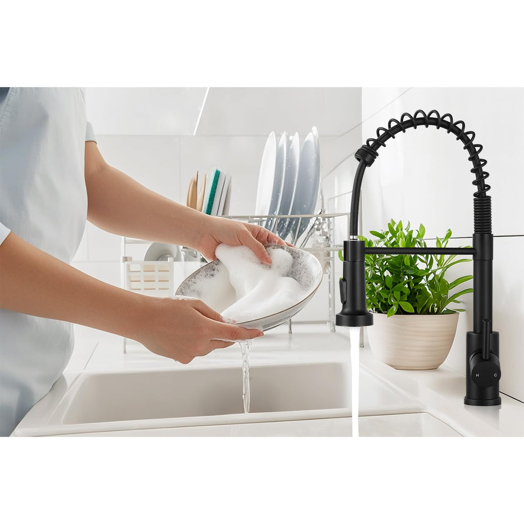 KHQF Kitchen Faucet with Pull Down Sprayer,Commercial Single Handle Stainless Steel Kitchen Faucets with Deck Plate (Matte Black)