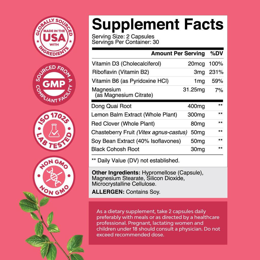 Natures Craft Complete Herbal Menopause Supplement for Women - Female Hormone Balance Capsules for Night Sweats Hot Flashes & Mood Swings with Dong Quai, Chaste Berry & Black Cohosh Root - 60 Count