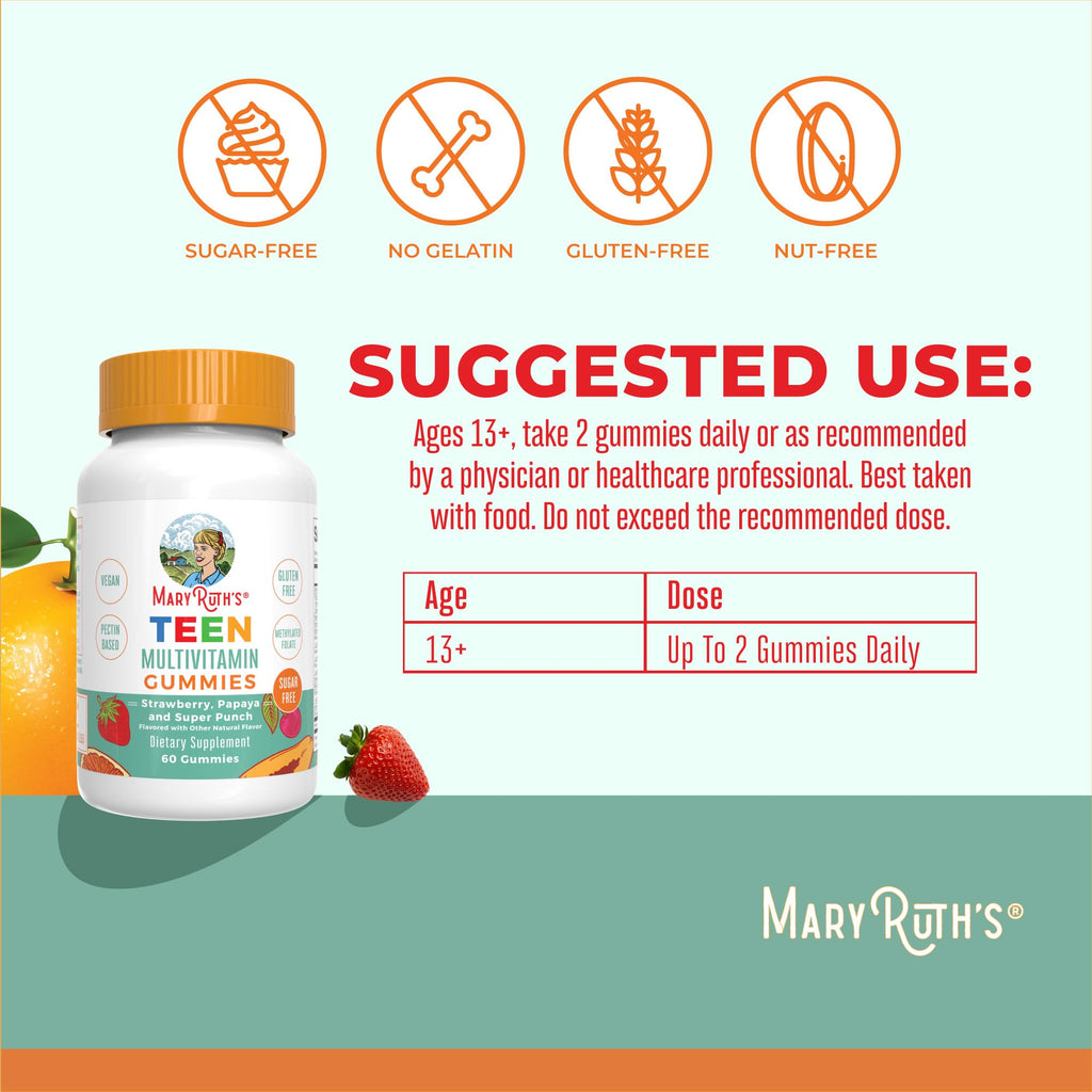 MaryRuth's Multivitamin Gummies for Teens | Vitamin D3, A, C, E, B6, B12, Zinc, Iodine, Biotin | Immunity | Tissue, Vision, & Skin Health | Vegan | Non-GMO | Sugar Free | Gluten Free | 60 Count