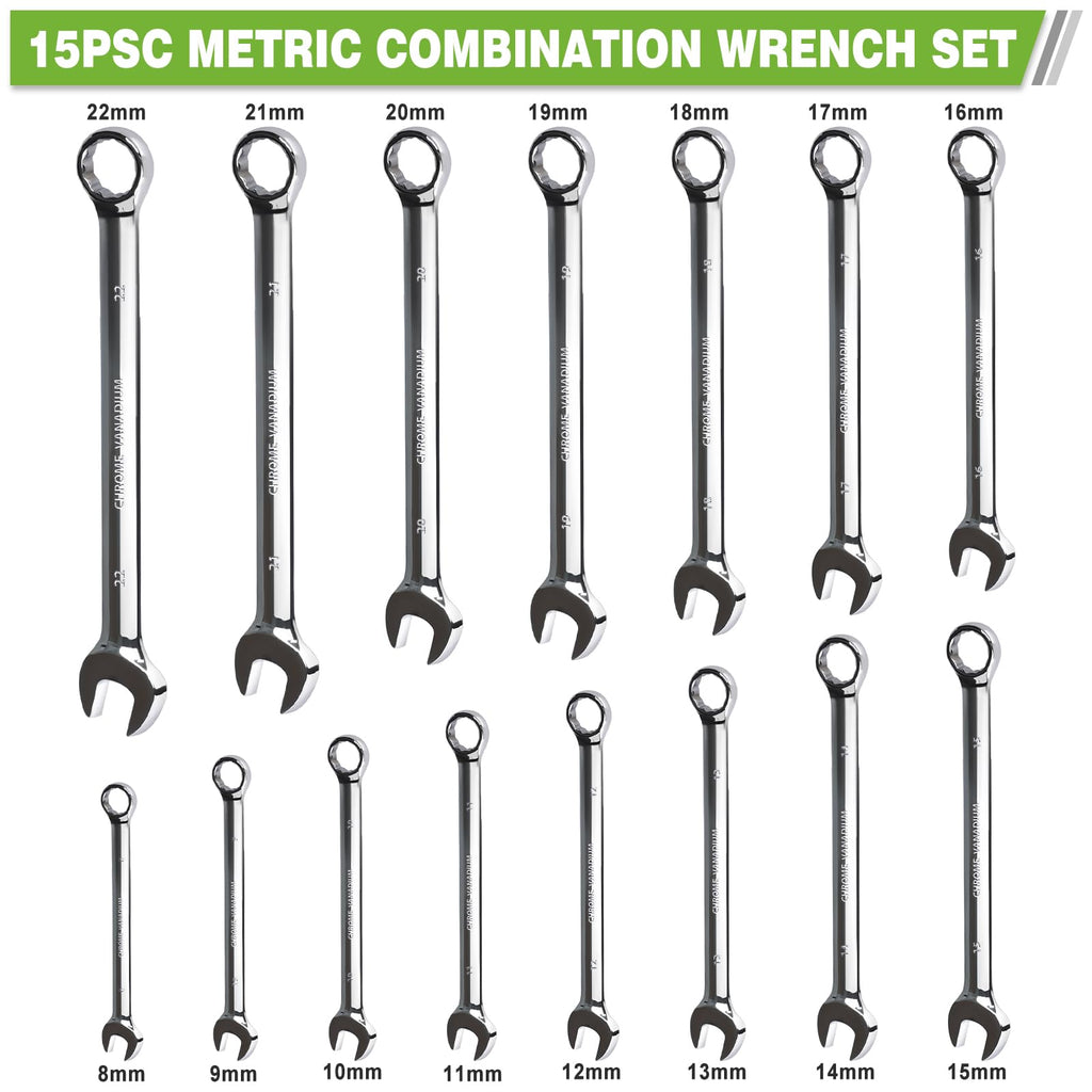 Metric Combination Wrench Set, 15-Piece 8, 9, 10, 11, 12, 13, 14, 15, 16, 17, 18, 19, 20, 21, 22mm, Chrome Vanadium Steel with 12-Point Box End, 15-Degree Offset, Mirror Polished, with Rolling Pouch