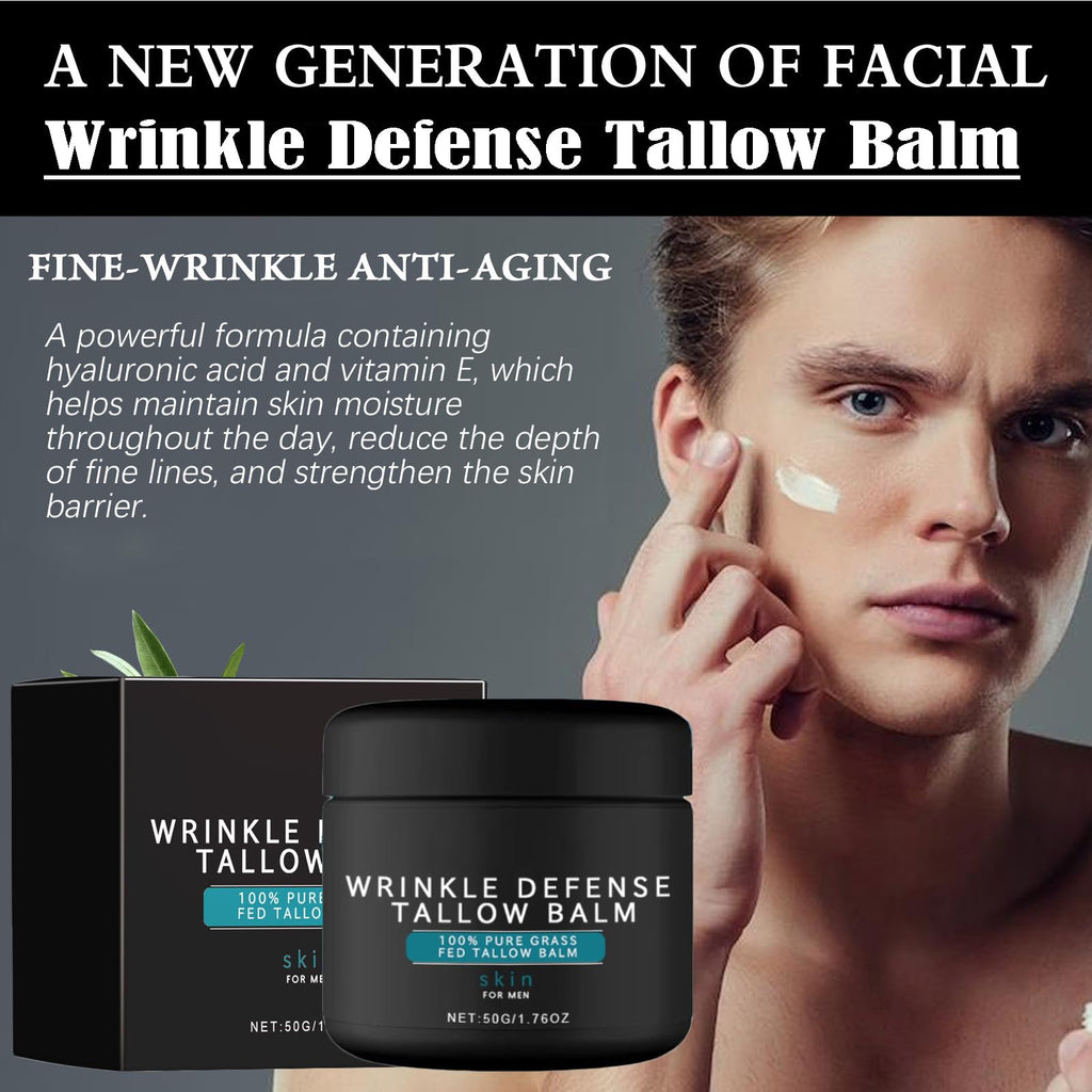 Tallow Skin Care for Men - Wrinkle Defense Tallow Balm, Tallow Face Moisturizer, Natural Tallow Men's Face Wash, Beef Tallow for Skin Face Moisturizer, Anti-Wrinkle Night Serum (1 Set)