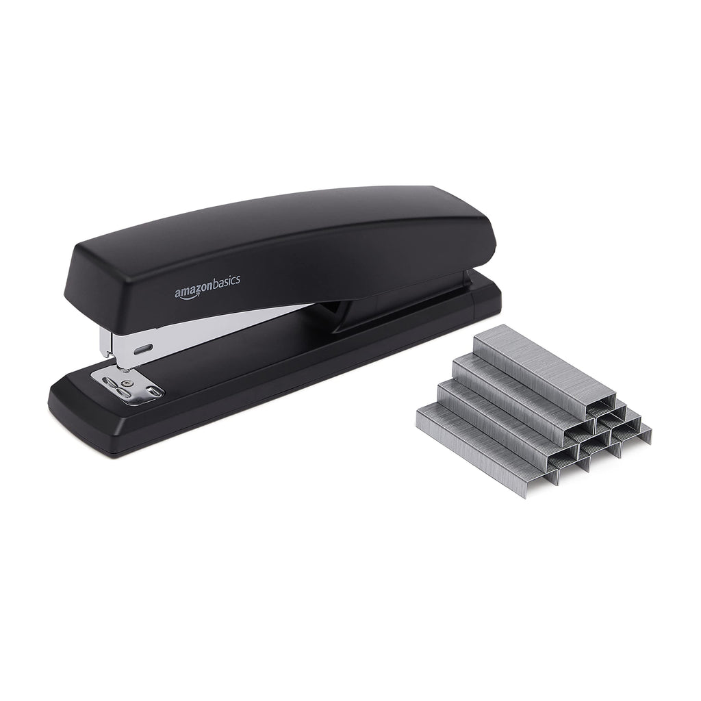 Amazon Basics Desktop Office Stapler, Lightweight, 25 Sheet Capacity, Non-Slip, Black, 3-Pack with 1000 Staples