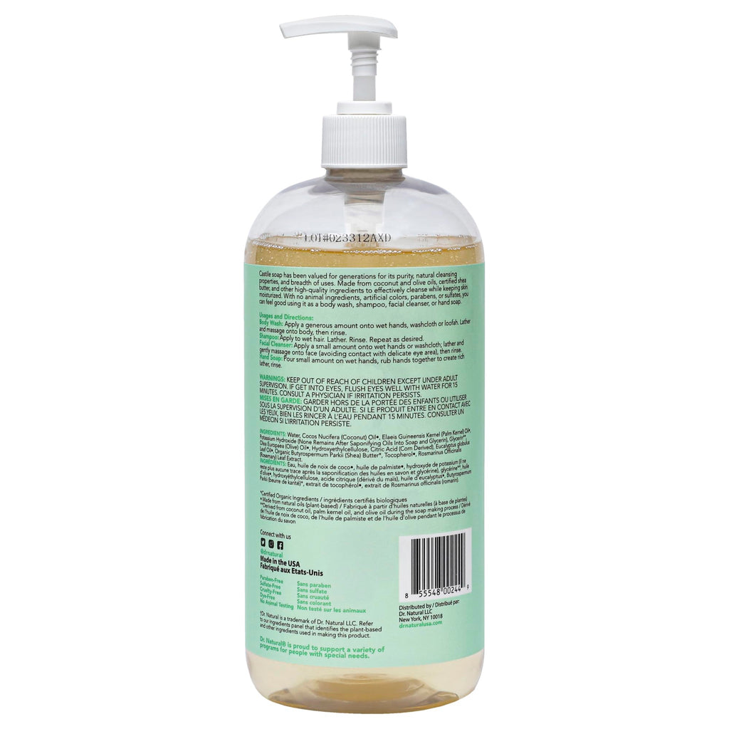 Dr. Natural Castile Liquid Soap - Multi-Use Body Wash, Shampoo and Face Wash - Hydrating Body Soap for Skin, Hair, Pets and Home - Eucalyptus - 32 oz