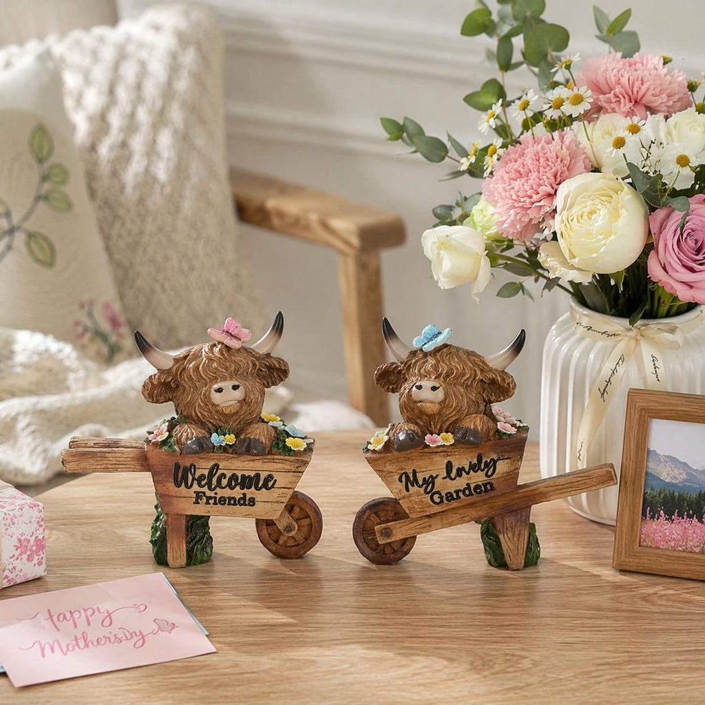 TERESA'S COLLECTIONS Garden Decor, Set of 2 Cute Highland Cows Sitting in Cart Garden Decor, Waterproof Resin Garden Statue, Highland Cows Gift, Garden Gift for Women Mom, Indoor/Outdoor