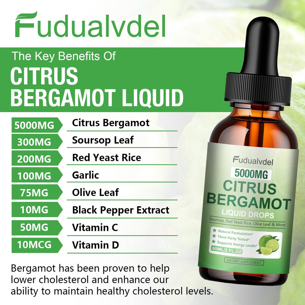 1 Pack 5000mg Citrus Bergamot Liquid Drops,Reduce Triglycerides Bergamot Supplement for High Cholesterol, Immune Support for Anti Aging,Antioxidant,Lime Bitter,Natural Olive Leaf Extract,2 Fl Oz