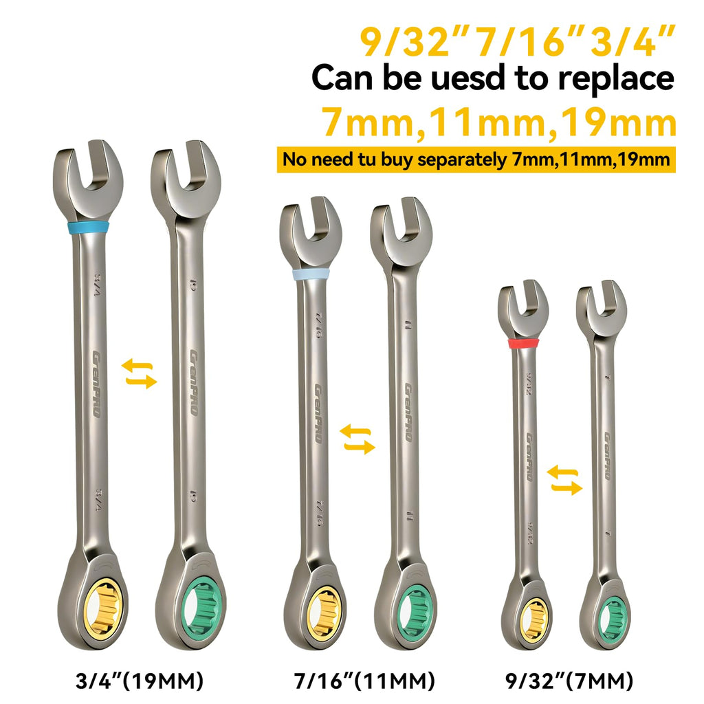 GRENPRO Ratcheting Wrench Set, Combination Wrench Set Metric And Standard & SAE With Color Ring, 1/4" to 3/4" & 6-18mm, 23PC Open End Ratchet Wrenches With Roll Up Pouch, CRV Socket Mechanic Tool Sets