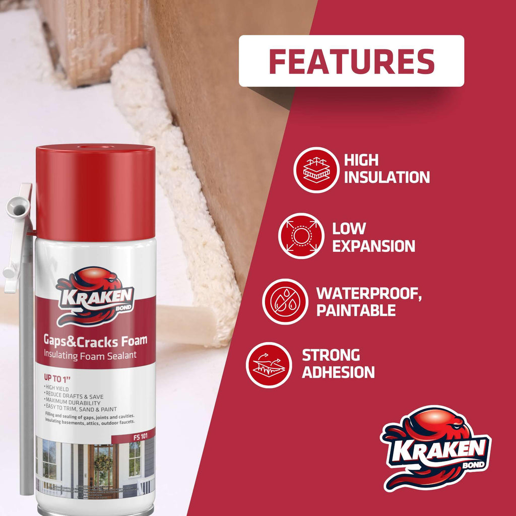 Kraken Bond Gaps & Cracks Expanding Foam Sealant - (24x12oz) High Expansion Polyurethane Spray Foam for Window & Door, Straw Use Waterproof High Yield Gap Filler - 24 Pack