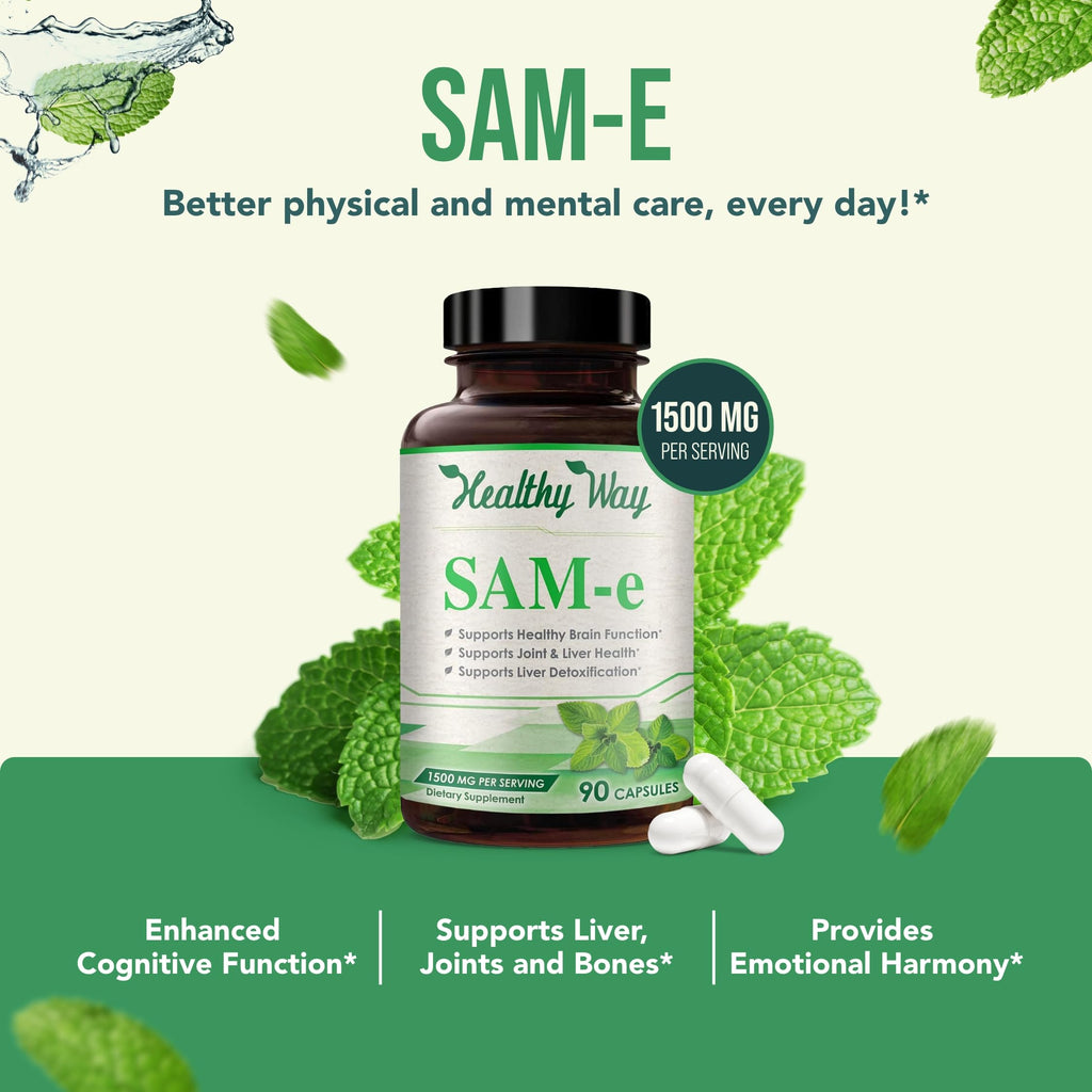 HealthyWayRx 1500mg SAM-e Supplement - High Strength S-Adenosyl-L-Methionine Capsules 1500mg per Serving for Joint Brain Liver and Mood Support - Non-GMO High Absorption Same Supplement (90 Count)