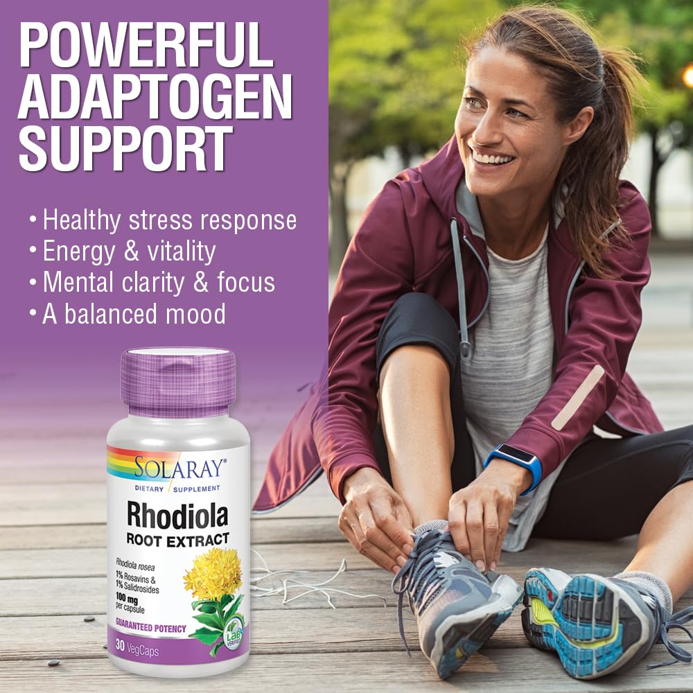 SOLARAY Rhodiola Root Extract 100mg - Rhodiola Rosea Supplement - Powerful Herbal Support for Women and Men with 1% Rosavins, 1% Salidrosides - Non GMO, Vegan, Lab Verified - 30 Servings, 30 VegCaps