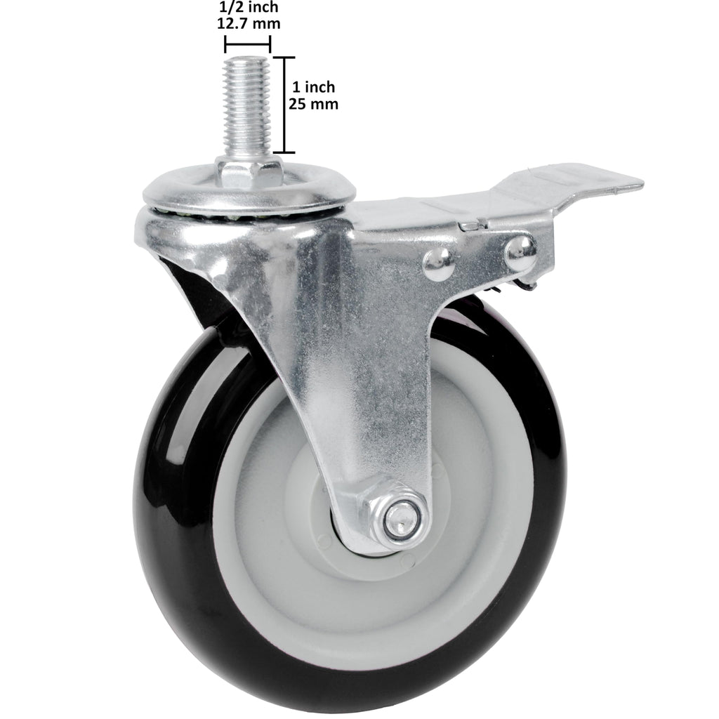Finnhomy Swivel Caster Wheels 5 Inch Threaded Stem Casters Set of 4 Heavy Duty 1/2"-13 x 1 with Brake Polyurethane Industrial Locking Castors Wheels for Cart/Furniture 2200 Lb Smooth Casters Black