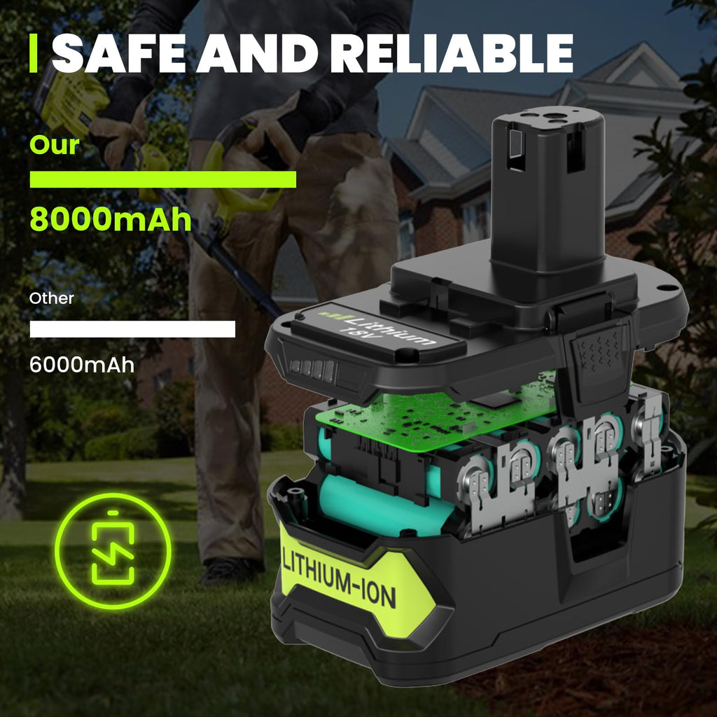 2 Pack Upgrade 8000mAh High Capacity P108 Replacement for Ryobi 18V Battery Lithium ion Compatible with Ryobi 18 Volt Battery P102 P103 P104 P105 P107 P108 P109 P122 Cordless Tool Batteries (Green)