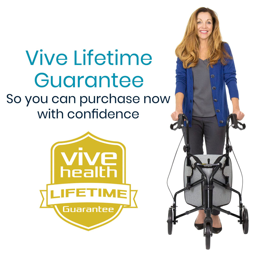 Vive Mobility 3 Wheel Walker - Three Wheeled Rollator for Seniors - Lightweight, Foldable, Narrow, Heavy Duty - for Elderly Men Women - Folding 3-Wheel Tri Scooter with Basket Bag