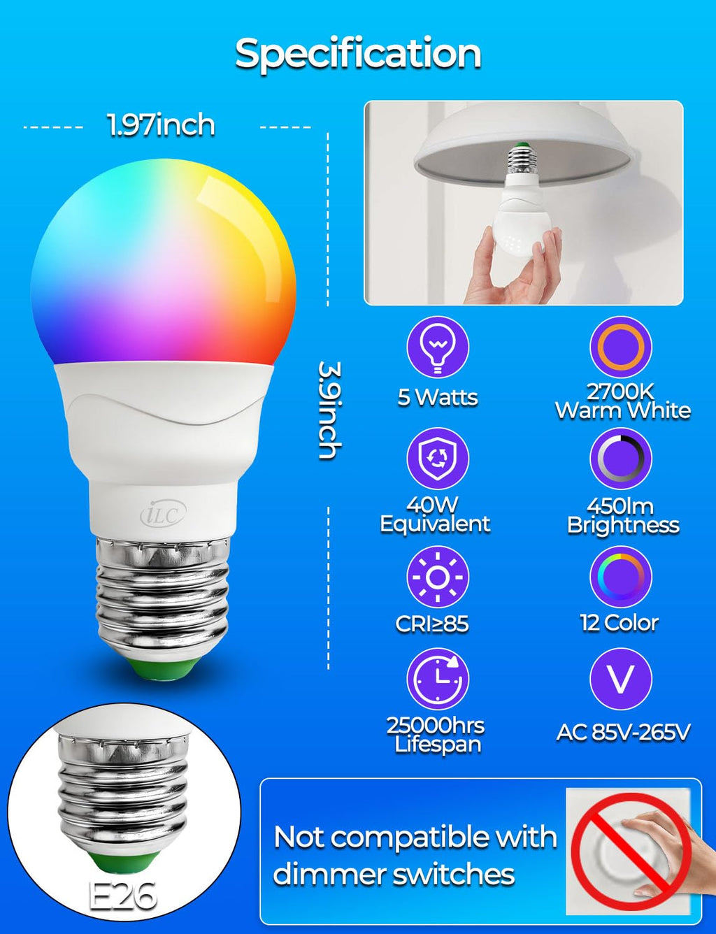 ILC RGB LED Light Bulb, Color Changing Light Bulb, 40W Equivalent, 450LM, 2700K Warm White 5W E26 Screw Base RGBW, 12 Color Choices - Timing Infrared Remote Control (8 Pack)