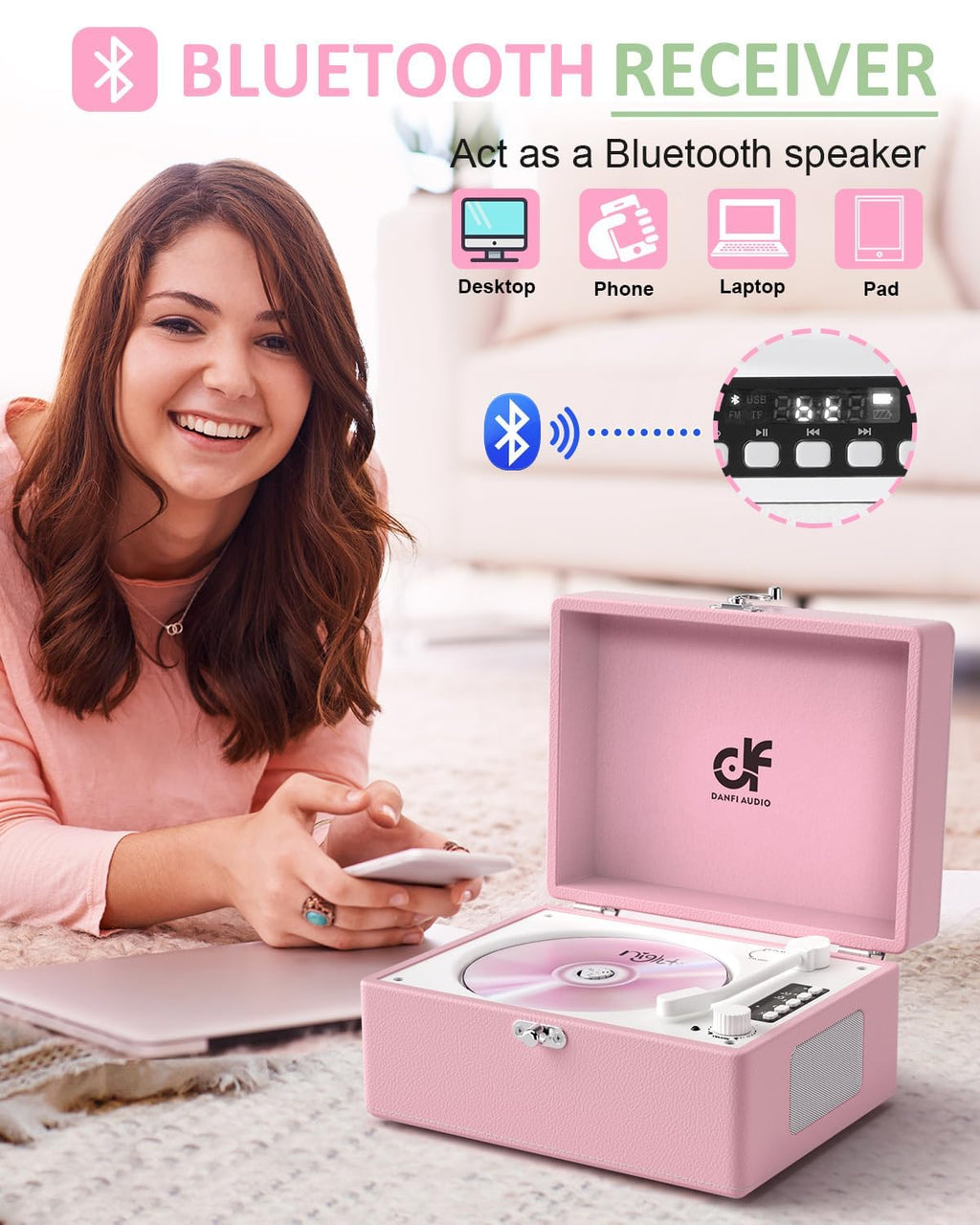CD Player with Stereo Speakers, Wireless Bluetooth Input/Output Transmission, Rechargeable Battery, USB Retro CD Player Desktop for Home Party Decorations - Pink