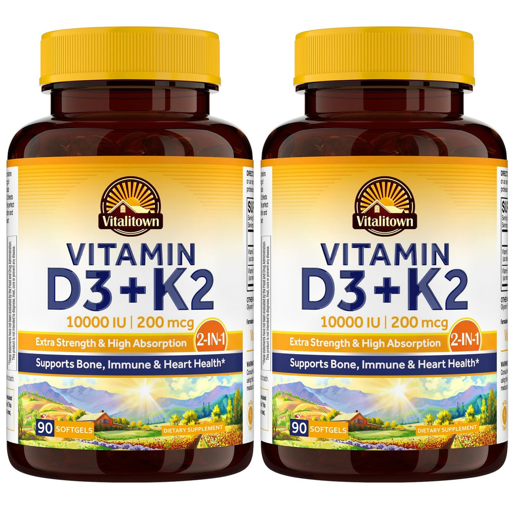 Vitalitown Vitamin D3 K2 Supplement, Vitamin D3 10000 IU Vitamin K2 (MK7) 200 mcg, 90 Softgels (Pack of 2), Non-GMO, No Gluten & Soy, for Bone, Teeth, Immune & Heart Health