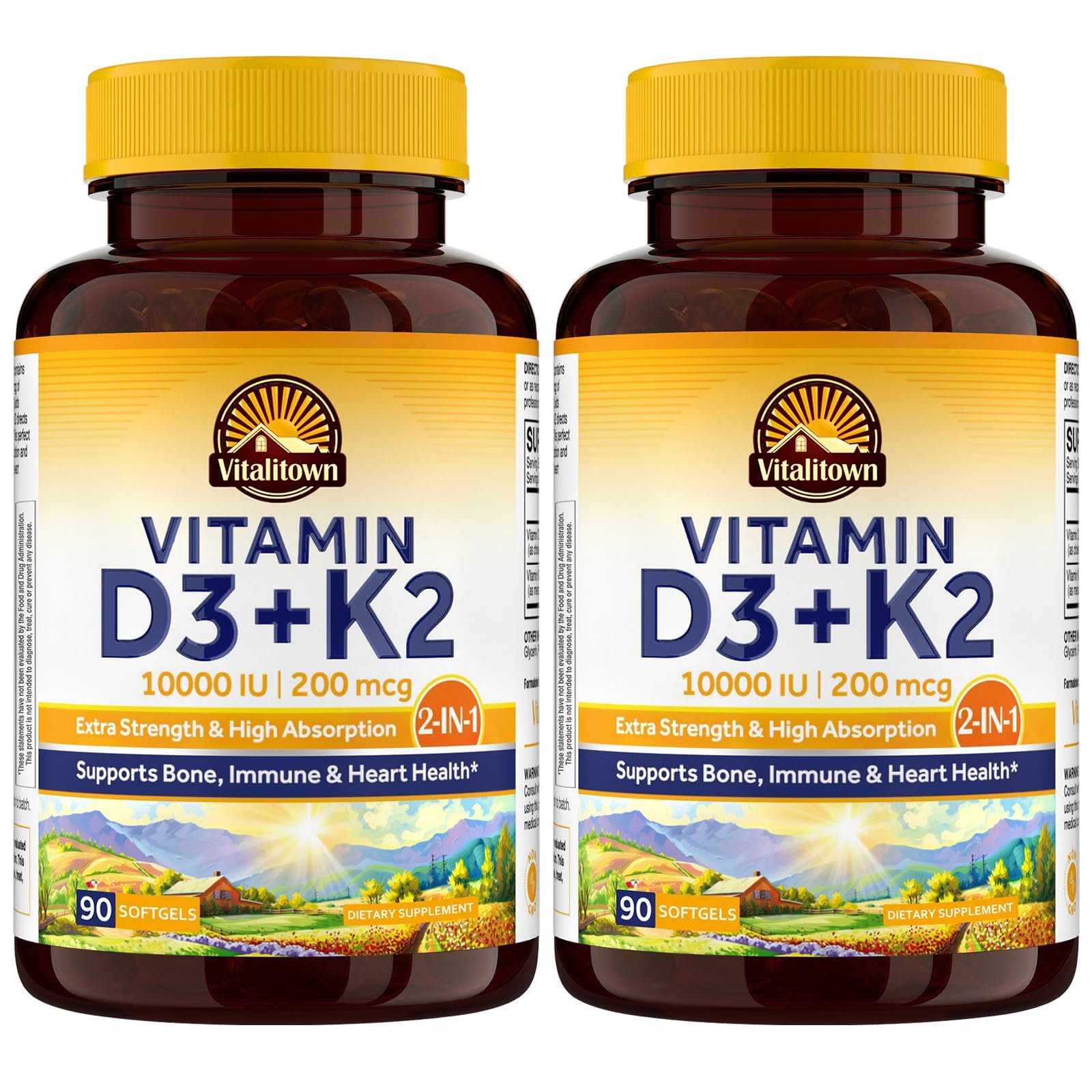 Vitalitown Vitamin D3 K2 Supplement, Vitamin D3 10000 IU Vitamin K2 (MK7) 200 mcg, 90 Softgels (Pack of 2), Non-GMO, No Gluten & Soy, for Bone, Teeth, Immune & Heart Health