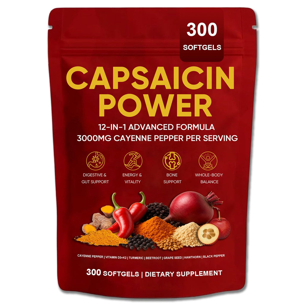 GXSAE Capsaicin Power - Cayenne Pepper Softgels Supplement, Supports Leg Vein, Digestive & Gut Health, with Vitamin D3+K2, Beetroot, Grape Seed and Other Extracts, 300 Capsules (1)