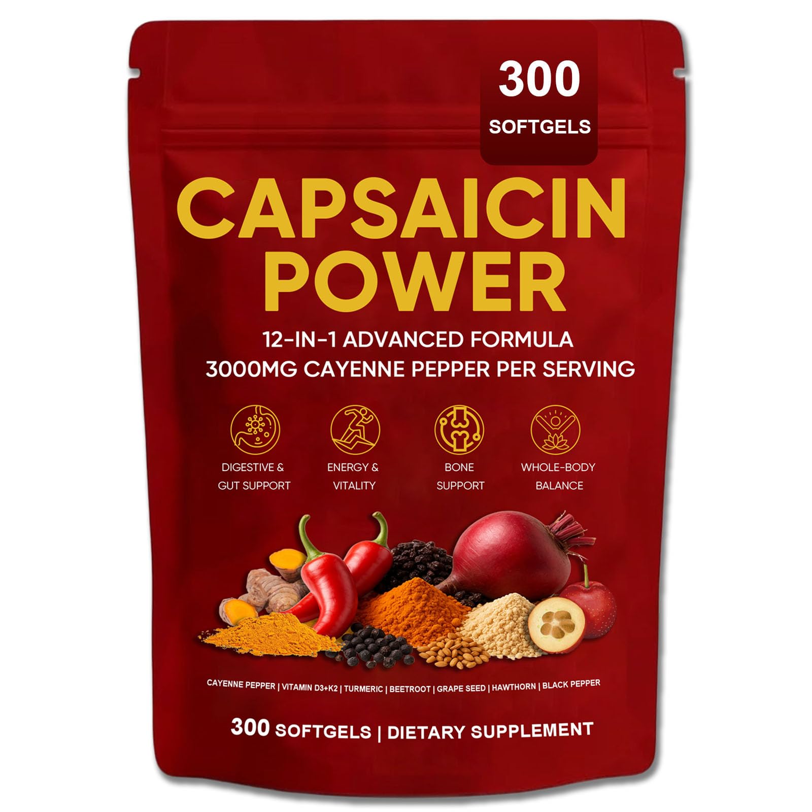 GXSAE Capsaicin Power - Cayenne Pepper Softgels Supplement, Supports Leg Vein, Digestive & Gut Health, with Vitamin D3+K2, Beetroot, Grape Seed and Other Extracts, 300 Capsules (1)