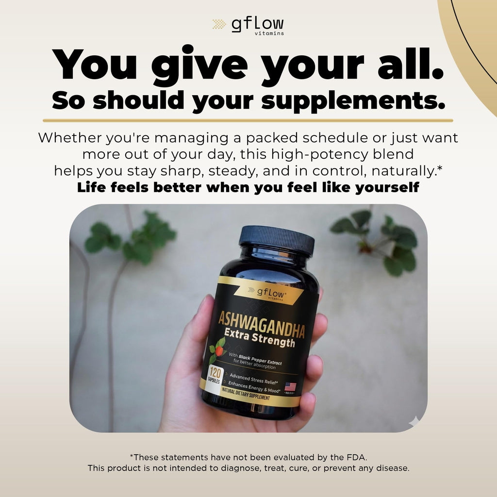 gflow vitamins Ashwagandha Supplements for Women and Men | Sleep, Mood and Energy Support | Extra Strength, Vegan Friendly, Non-GMO, Made in USA - Pack of 3