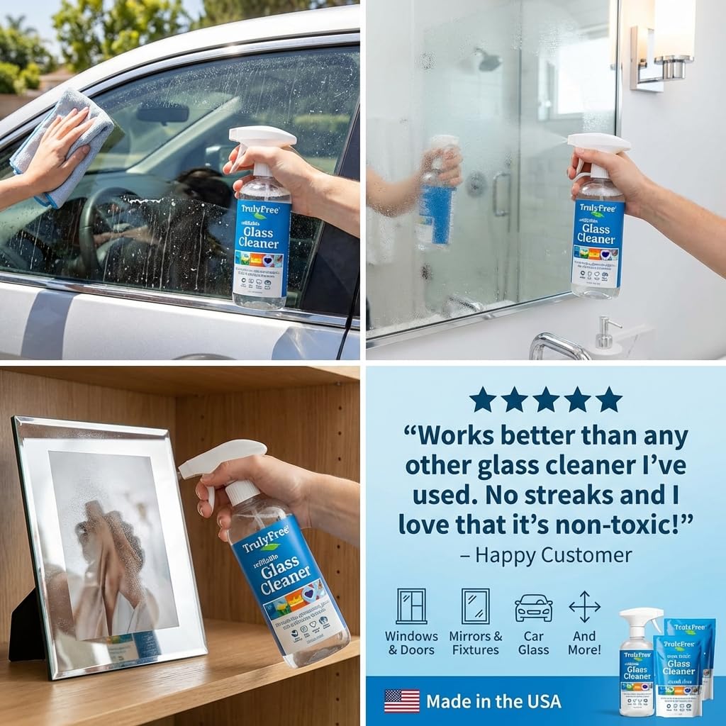 Truly Free Natural Glass Cleaner - Removes Dirt & Debris for Sparkling Clean Windows & Glass Surfaces at Home, Office & Garage, Includes: 1 Refillable Empty Bottle (16oz) & 2 Refills (3oz ea)