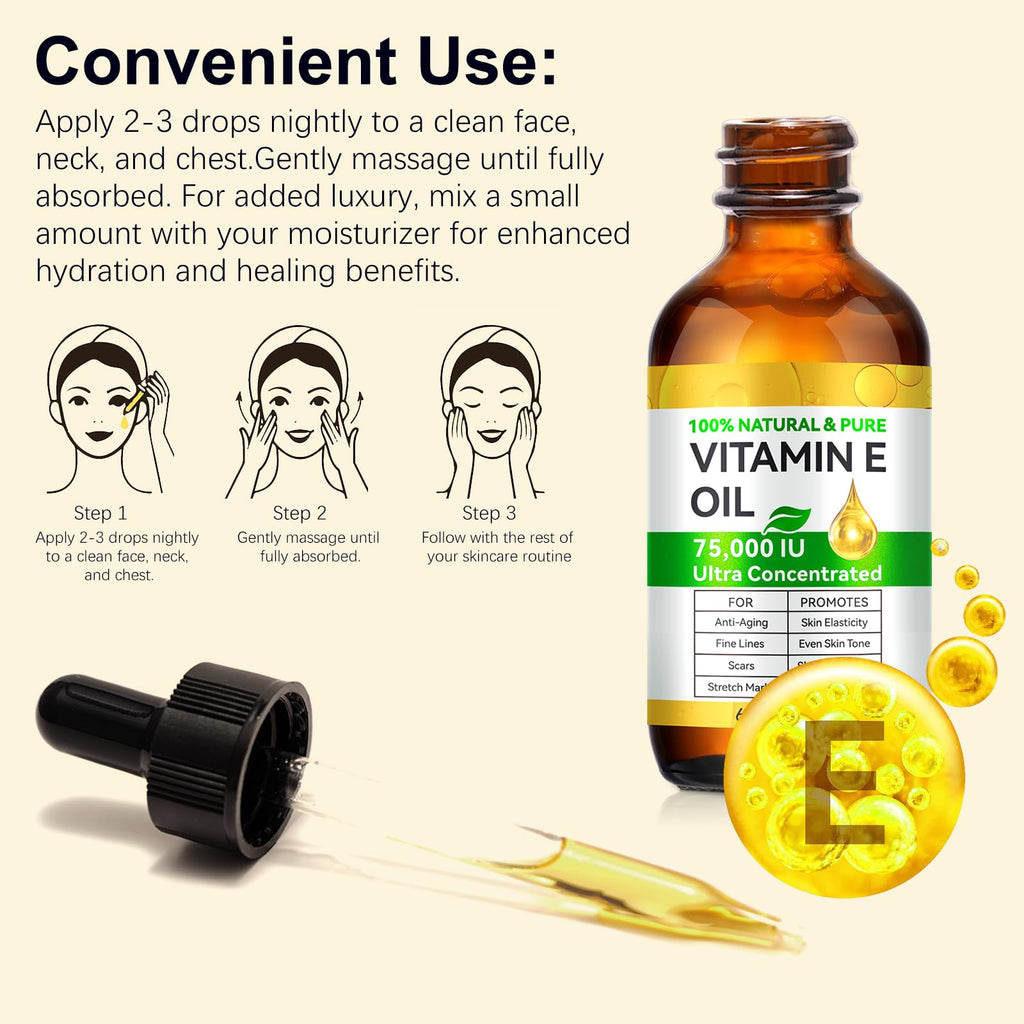 2 Pack Vitamin E Oil, 75,000 IU Organic Pure Vitamin E Oil for Tightening Plump Skin, Reduce Fine Lines & Scars, Moisturizing Skin, Face & Full Body