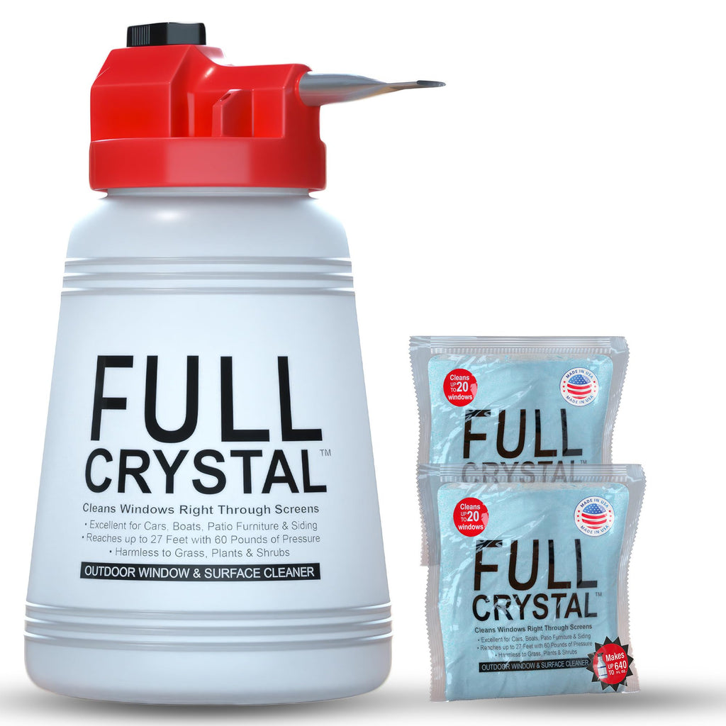 Full Crystal Window Cleaning Kit – 8 oz Glass Cleaner and Bottle with 27 ft Reach, Each 4 oz Bag Makes Up to 640 fl oz, Cleans Up to 40 Windows, Scrub-Free, Rinse-Free