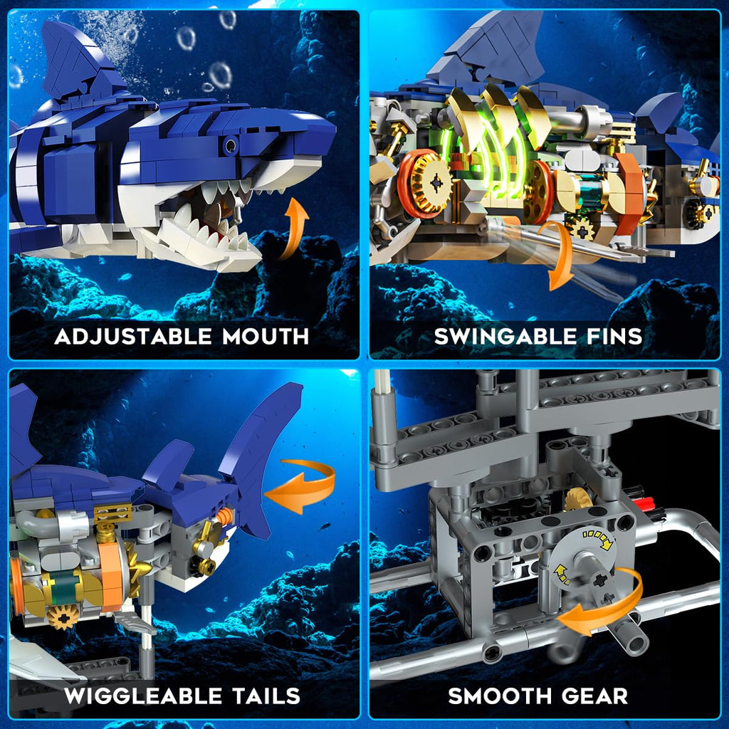 INSOON Mechanical Shark Building Set with LED Light, 687 PCS Movable Ocean Animal with Display Stand, Sea Fish Building Block Toy, Home Decor Gift for Adults Teens Kids Boys Ages 12+