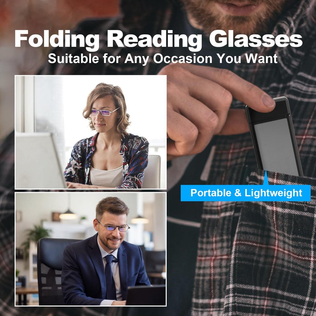 SKYOLUY Durable Ultra Thin and Lightweight Folding Reading Glasses for Men Women, Blue Light Blocking Compact Computer Foldable Readers, Pocket Portable Sturdy Frame With Case Black 1.5x