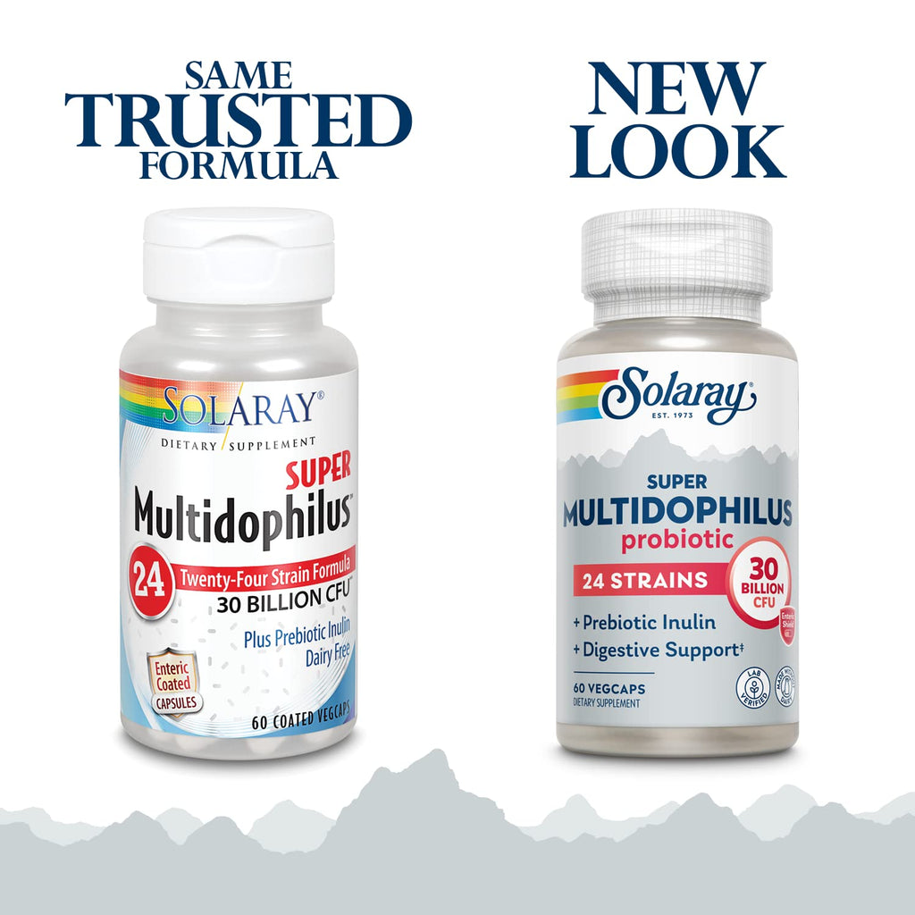 SOLARAY Multidophilus 24 Strain Probiotic 30 Billion CFU, Probiotics for Digestive Health for Women and Men, Daily Gut Health Support Complex with Prebiotic Inulin, No Dairy 60 VegCaps