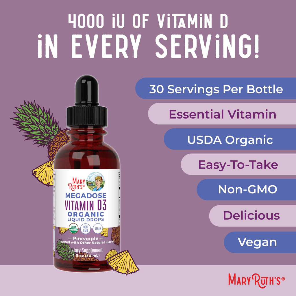 MaryRuth Organics Vitamin D3 Liquid Drops | Megadose 4000 IU | USDA Organic Liquid Vitamin D Spray for Adults & Kids | Immune Support & Bone Health | Vegan | Gluten Free | Non-GMO | 30 Servings