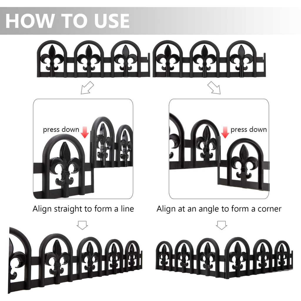 Evelyne Black Garden Border Plastic Edging – PP Plastic, Metal-Free Wrought Iron Look Design, 15pcs Black Yard Landscaping Fence Liner Lawn Edge Barrier, 20ft Kit of Decorative Lawn Landscape Panels