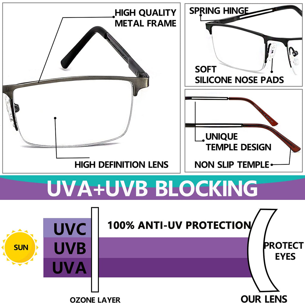JJWELL 3 Pack Mens Reading Glasses Blue Light Blocking, Metal Rectangle Semi Rimless Readers for Men, Anti Eyestrain/Computer Glare/UV, Half Frame Spring Hinge Eyeglasses with Pouches(3.25)