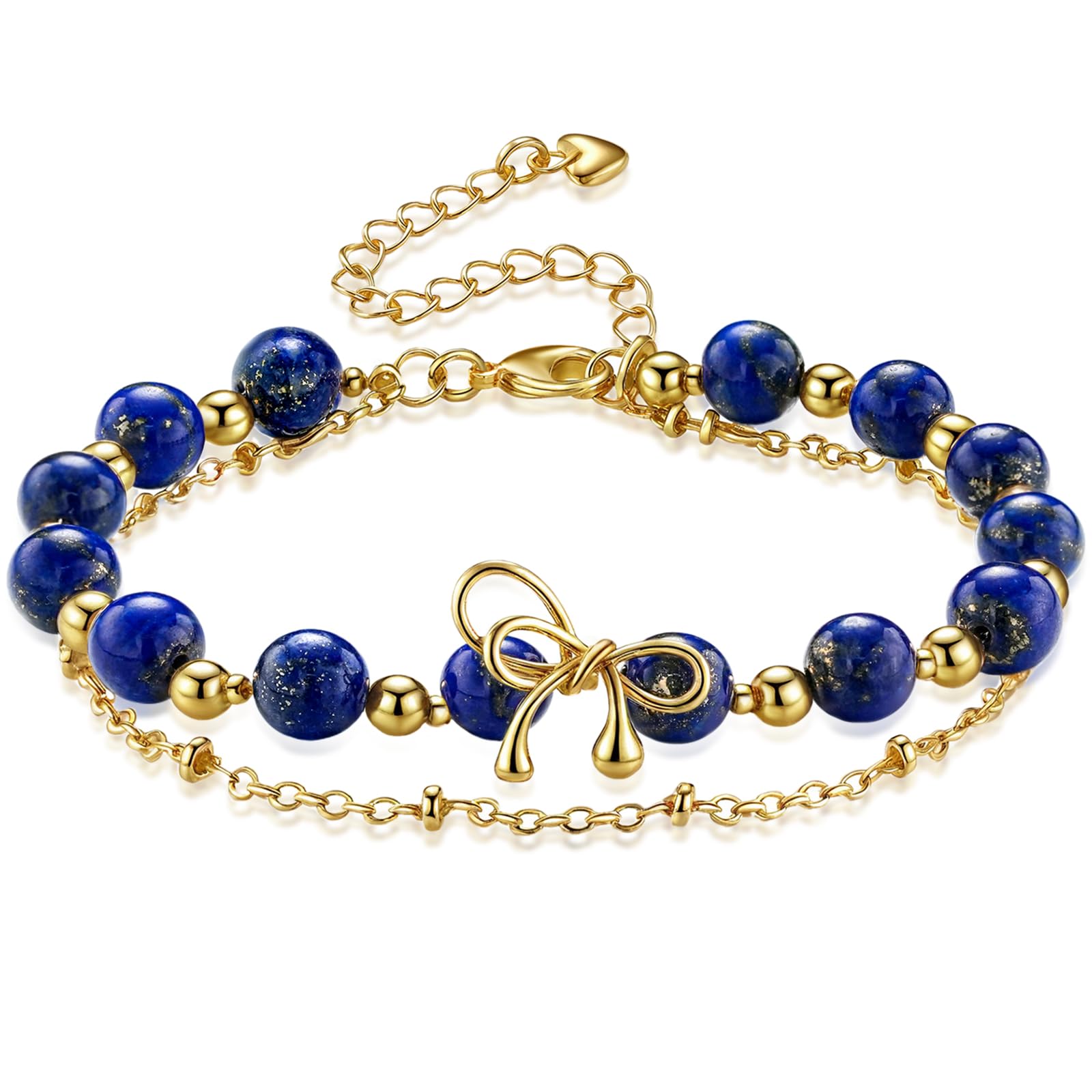 Handmade Lapis Lazuli Bracelet Natural Gemstone 14K Gold-Plated Chain Bow