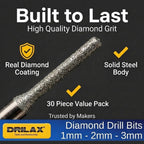 Drilax Diamond Drill Bits for Stone and Glass – 30 Pc Set (1mm, 2mm, 3mm) 1/8 Shank for Dremel & Rotary Tools – Jewelry Making, Gemstone, Sea Glass and Lapidary Drill Bits Kit