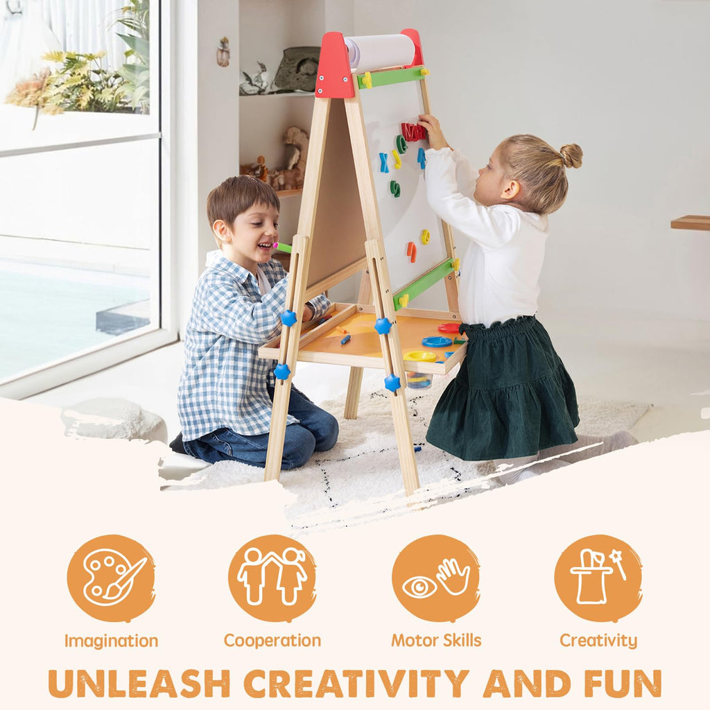 Tiny Land Easel for Kids with 2 Drawing Paper Roll, Learning-Toy for 3,4,5,6,7,8 Years Old Boy & Girls, Wooden Chalkboard & Magnetic Whiteboard & Painting Paper Stand, Gift & Art Supplies for Toddler