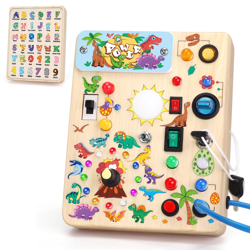 Iabedi Dinosaur Busy Board, Wooden Toddler Toy, Sensory Travel Toy, Ideal Gift for 1-3 Years Old Boys (Dinosaur Busy Board Plus V2), Blue