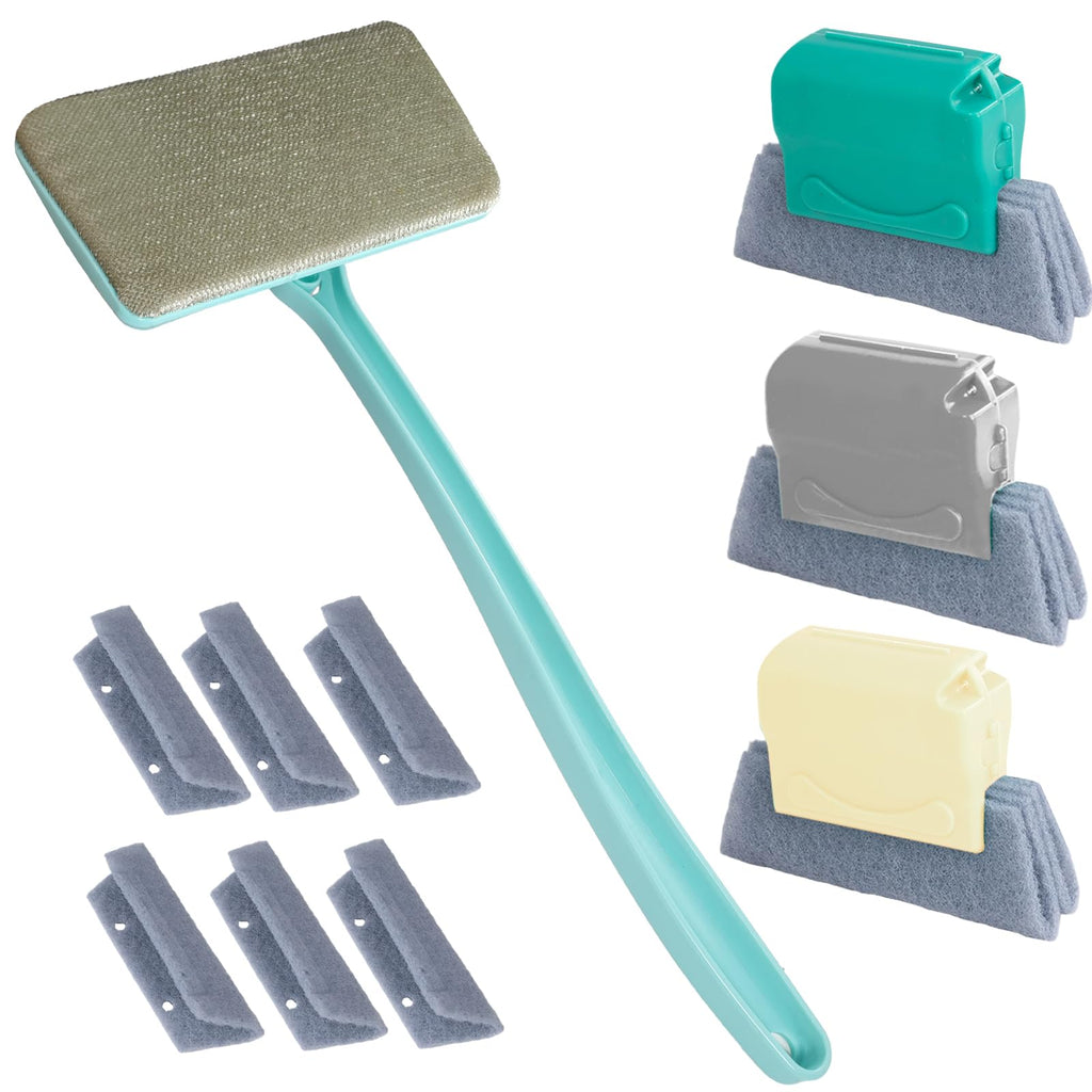 Window Screen Cleaner & Track Cleaning Kit – Mesh Screen Cleaning Brush + 3 Groove Brushes & 6 Replacement Cleaning Cloths – 14.8″ Detachable Long-Reach Handle, Wet & Dry Dual-Use
