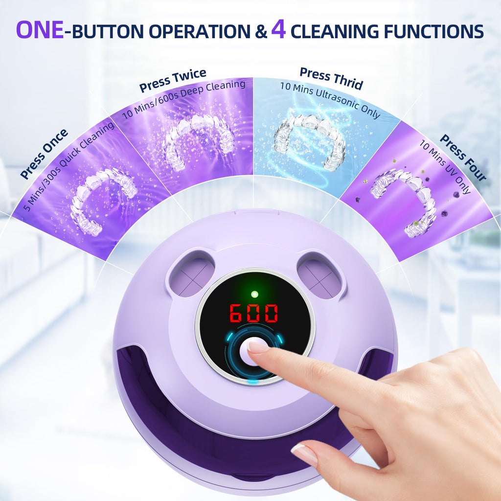 Ultrasonic Retainer Cleaner Machine, 45kHz Ultrasonic Denture Cleaner with 200ML Capacity & 4 Modes for Dental Cleaning Pod, Aligners, Mouthguards, Retainers, Jewelry, Purple