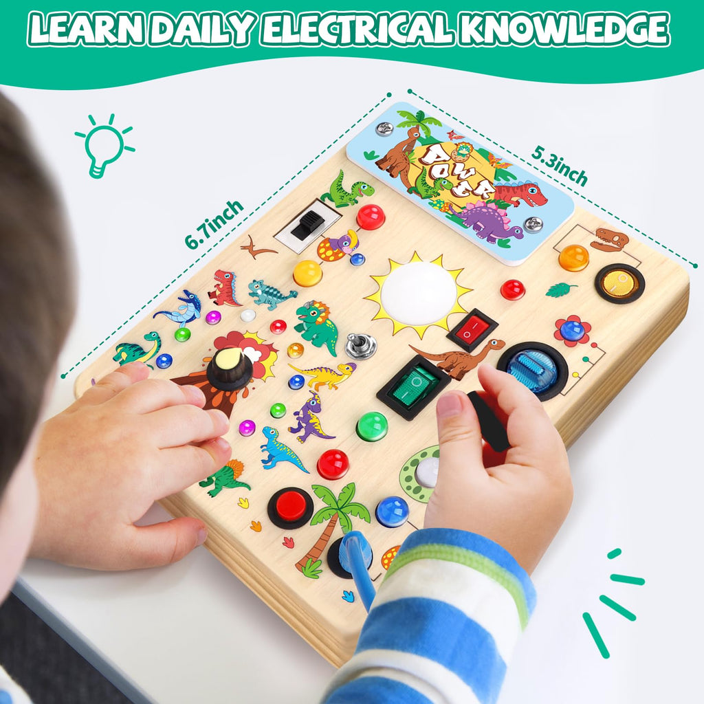 Iabedi Dinosaur Busy Board, Wooden Toddler Toy, Sensory Travel Toy, Ideal Gift for 1-3 Years Old Boys (Dinosaur Busy Board Plus V2), Blue