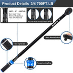 PUIBERS High Torque Wrench 3/4 Inch 100-700 ft, 3/4 Torque Wrench for Car, Truck, Tractor, Accuracy ± 3% Two Directions Adjustable 48 Teeth Precision Instruments Wrenches