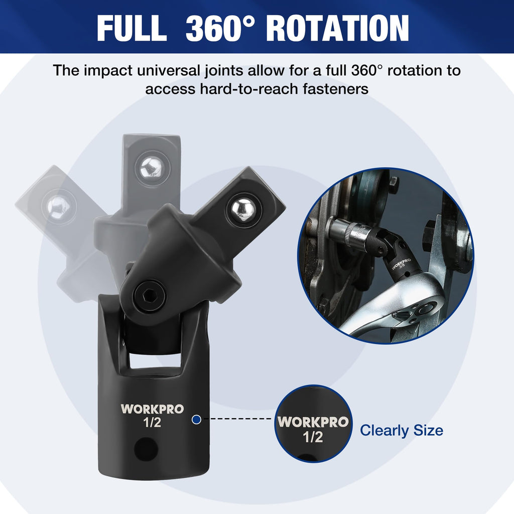 WORKPRO 9-Piece Impact Socket Extension Set, Includes 3/8" Drive Extension Bar Set, 1/4", 3/8" & 1/2" Drive Universal Joints and Adapters, Premium Chrome Vanadium Steel with Black Phosphate Finish