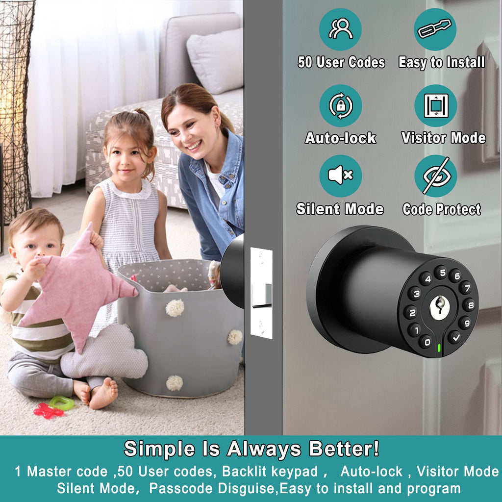 BOTHSTAR Keypad Door Knob with Key,Keyless Entry Door Lock, Code Locks Door Knob, Auto Lock,50 User Code,Easy to Install,for Home,Office,Hotel,Bedroom,Garage,No Deadbolt