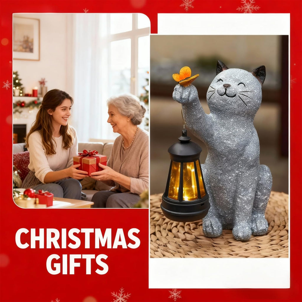 Elegondrar Solar Cat Garden Statue Outdoor Decor, Cat Sculpture with Lantern and Butterfly for Yard Lawn Patio Balcony, Christmas, Birthday Housewarming Gifts for Mom, Grandma, Women, 9.4 inch, Resin