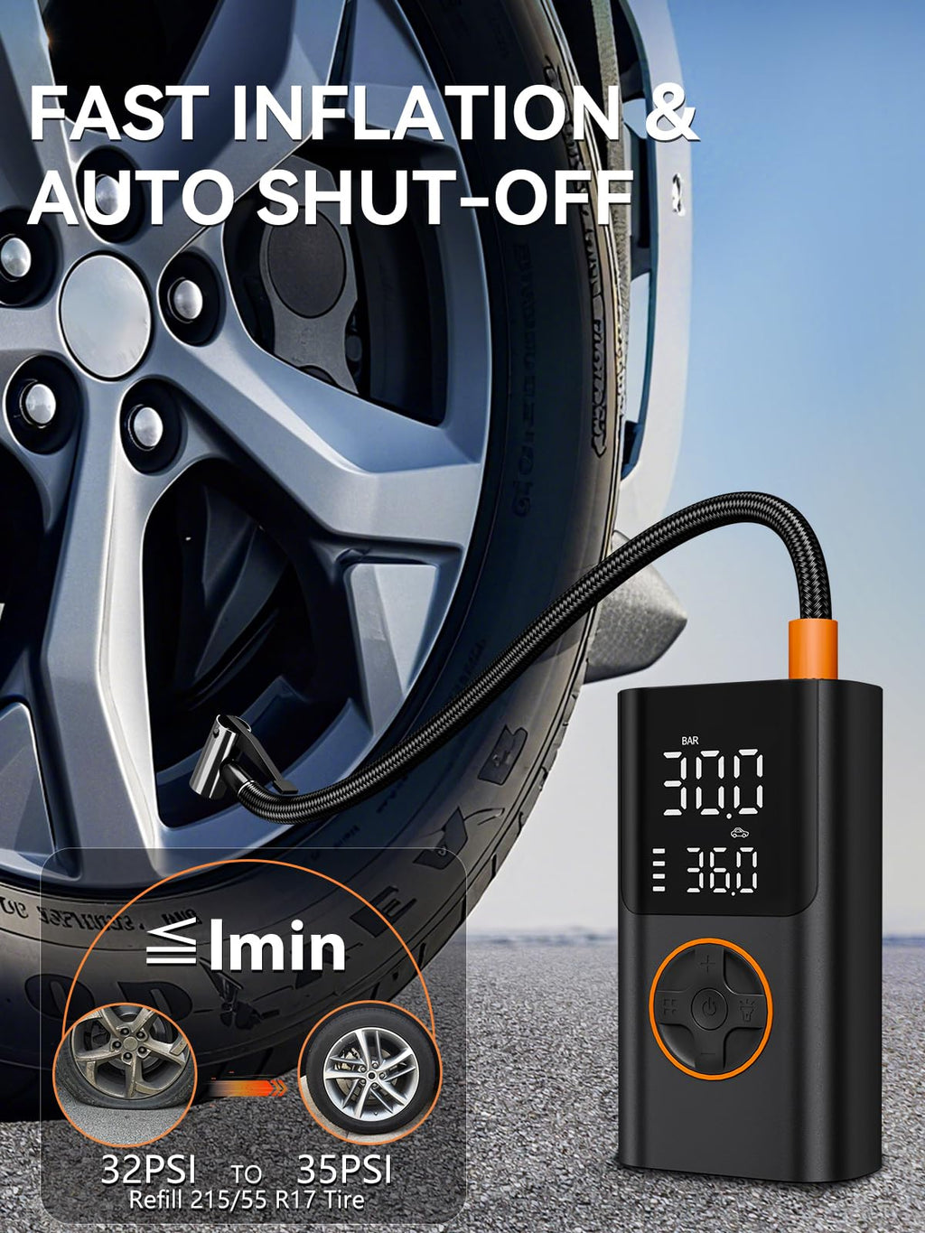 AIRSURE Tire Inflator Portable Air Compressor, 150PSI Fast Inflation