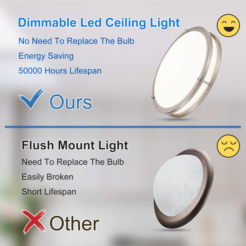 DLLT Flush Mount LED Ceiling Light: 13 Inch 5CCT (3000K-6000K) & Dimmable Ceiling Light Fixtures for Bedroom Hallway - 24W Modern Brushed Nickel Super Bright Kitchen Lighting Fixtures Ceiling